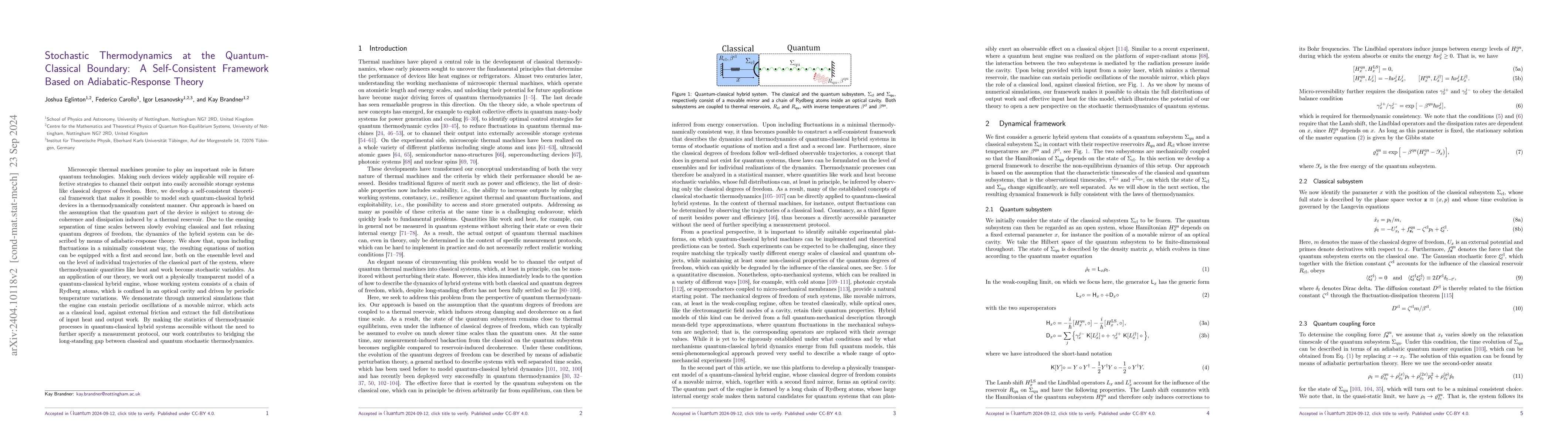 Thumbnail for Stochastic Thermodynamics at the Quantum-Classical Boundary: A
  Self-Consistent Framework Based on Adiabatic-Response Theory