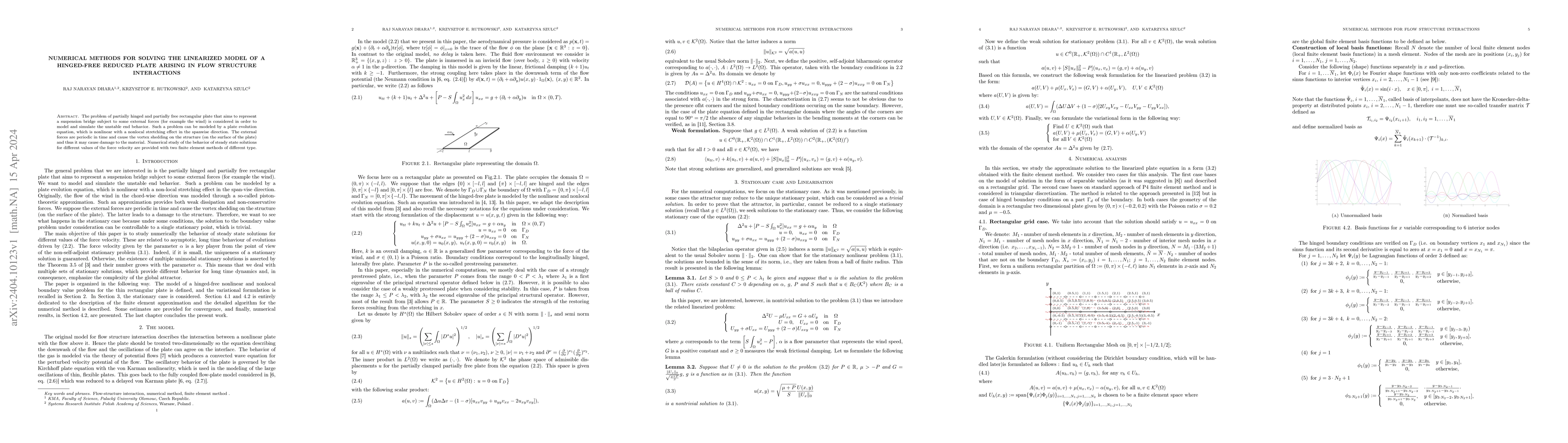 Thumbnail for Numerical methods for solving the linearized model of a hinged-free
  reduced plate arising in flow structure interactions