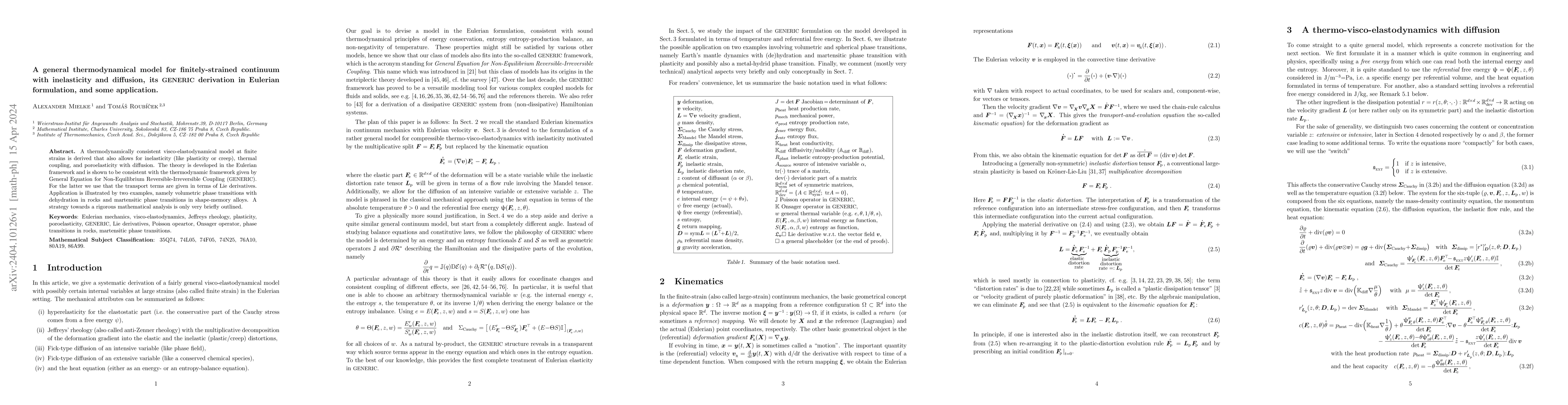 Thumbnail for A general thermodynamical model for finitely-strained continuum with
  inelasticity and diffusion, its GENERIC derivation in Eulerian formulation,
  and some application