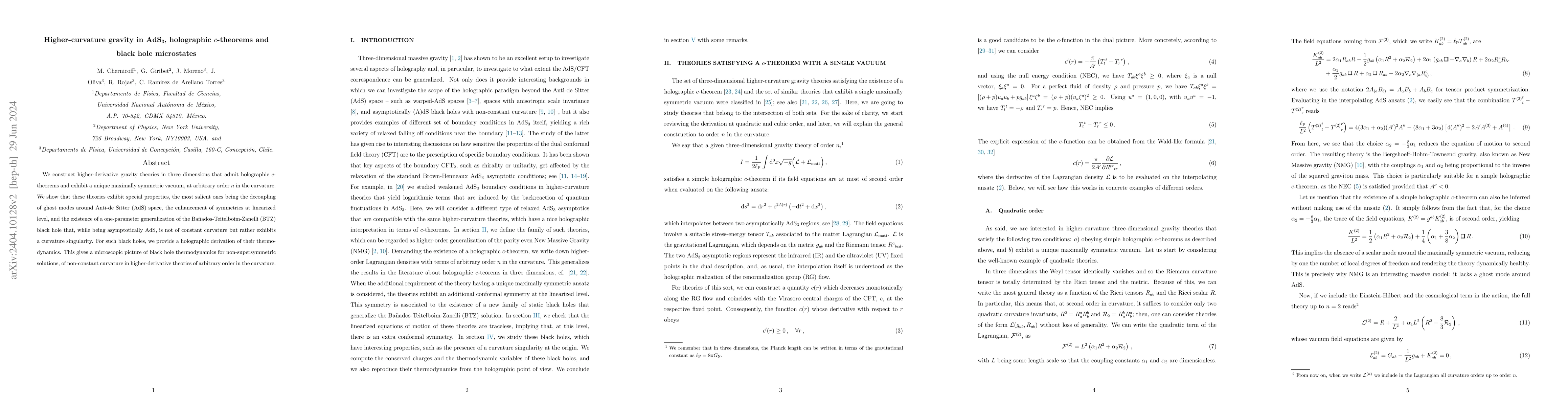 Thumbnail for Higher-curvature gravity in AdS$_3$, holographic $c$-theorems and black
  hole microstates