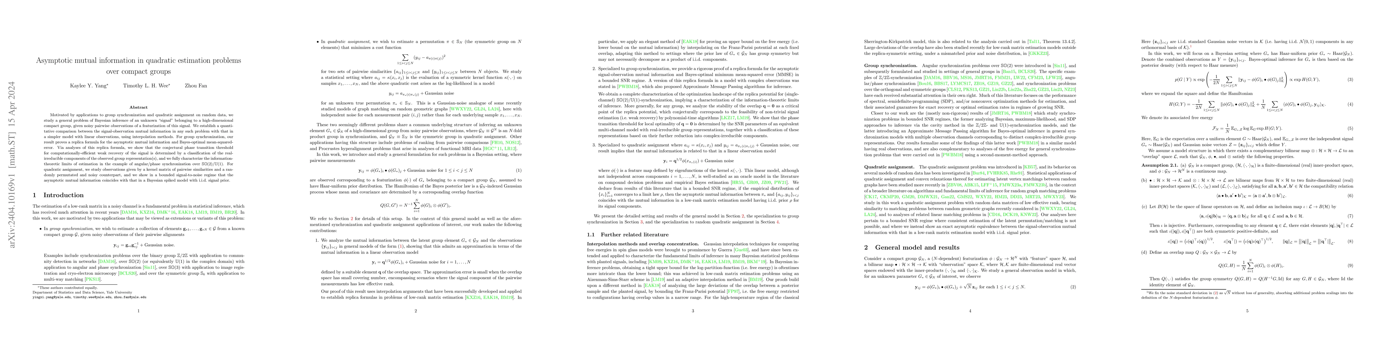 Thumbnail for Asymptotic mutual information in quadratic estimation problems over
  compact groups