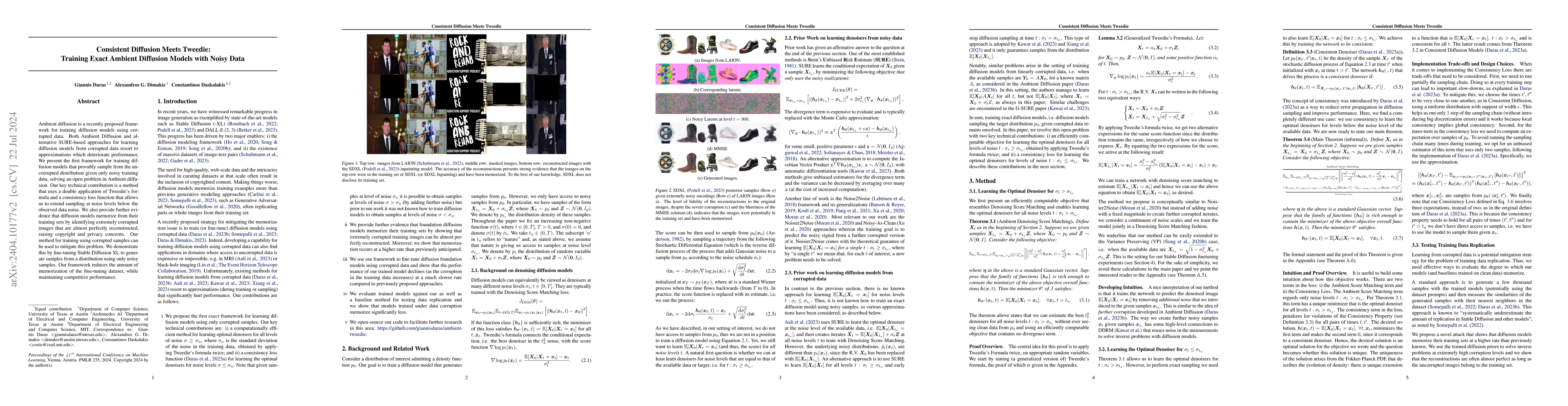 Thumbnail for Consistent Diffusion Meets Tweedie: Training Exact Ambient Diffusion
  Models with Noisy Data