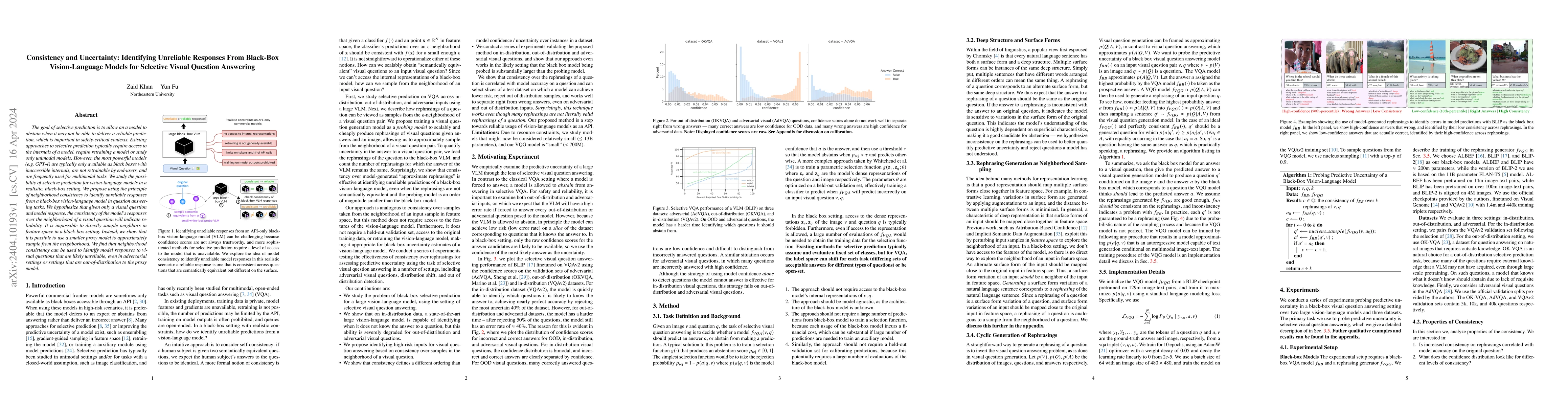 Thumbnail for Consistency and Uncertainty: Identifying Unreliable Responses From
  Black-Box Vision-Language Models for Selective Visual Question Answering
