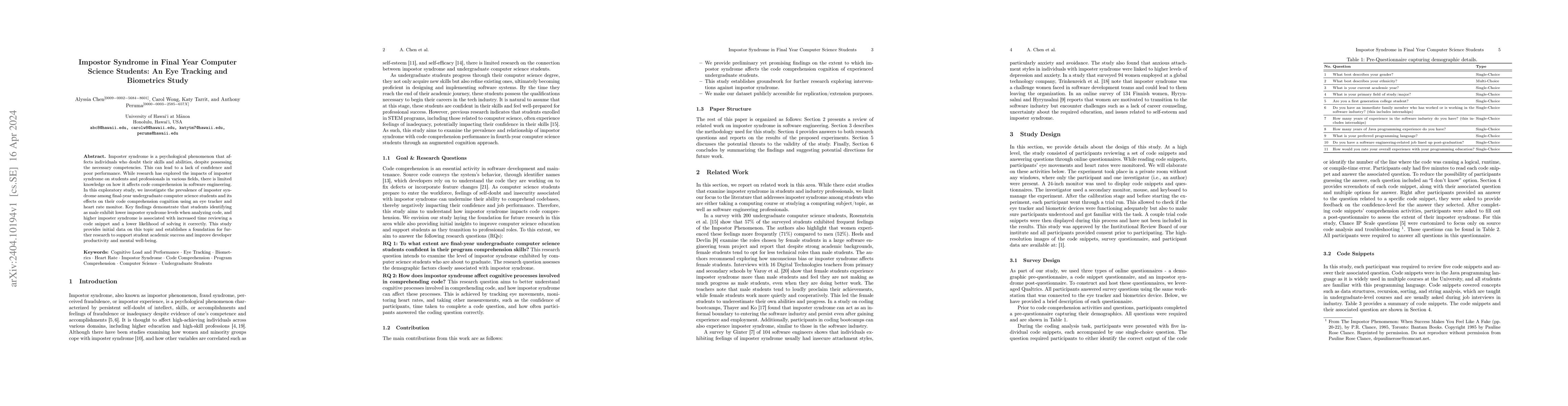 Thumbnail for Impostor Syndrome in Final Year Computer Science Students: An Eye
  Tracking and Biometrics Study