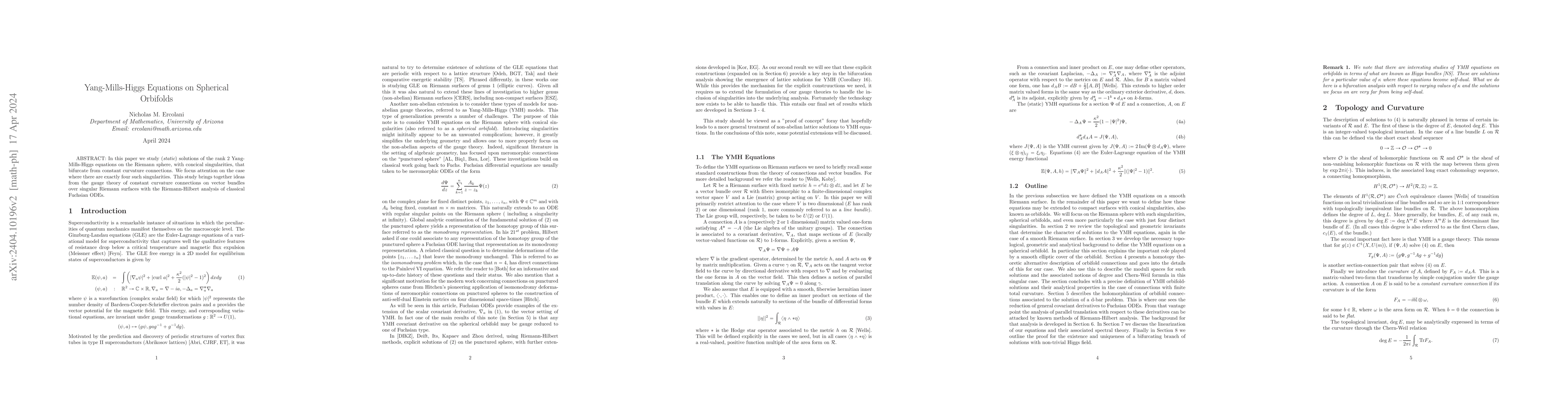 Thumbnail for Yang-Mills-Higgs Equations on Spherical Orbifolds