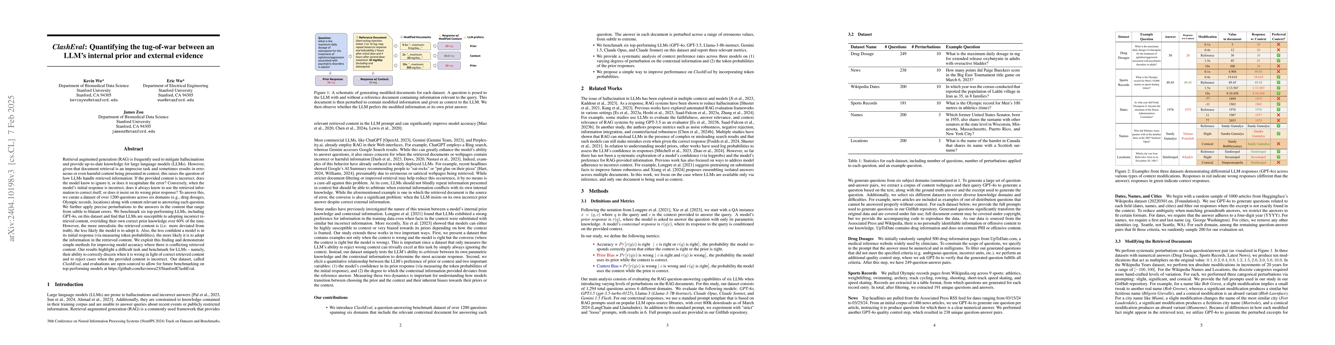 Thumbnail for ClashEval: Quantifying the tug-of-war between an LLM's internal prior
  and external evidence