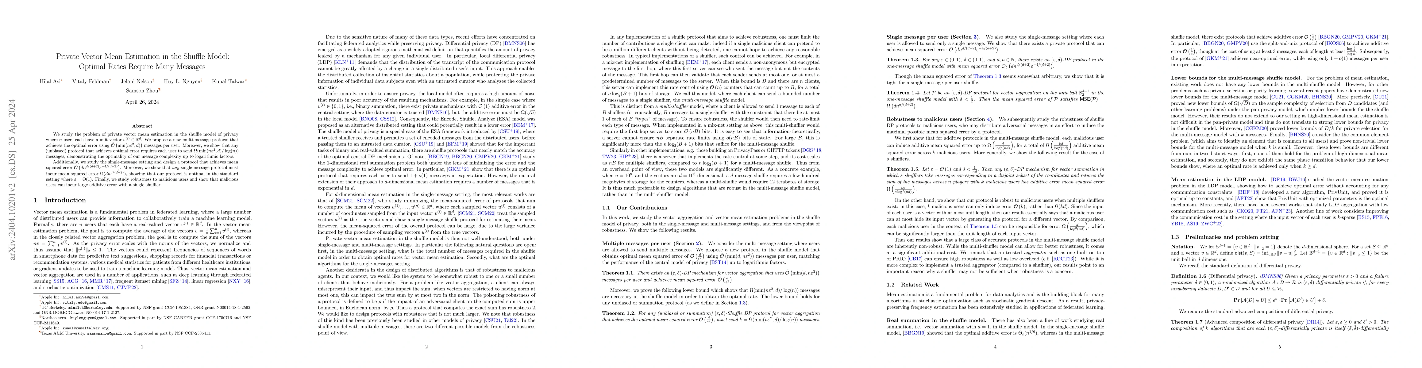 Thumbnail for Private Vector Mean Estimation in the Shuffle Model: Optimal Rates
  Require Many Messages