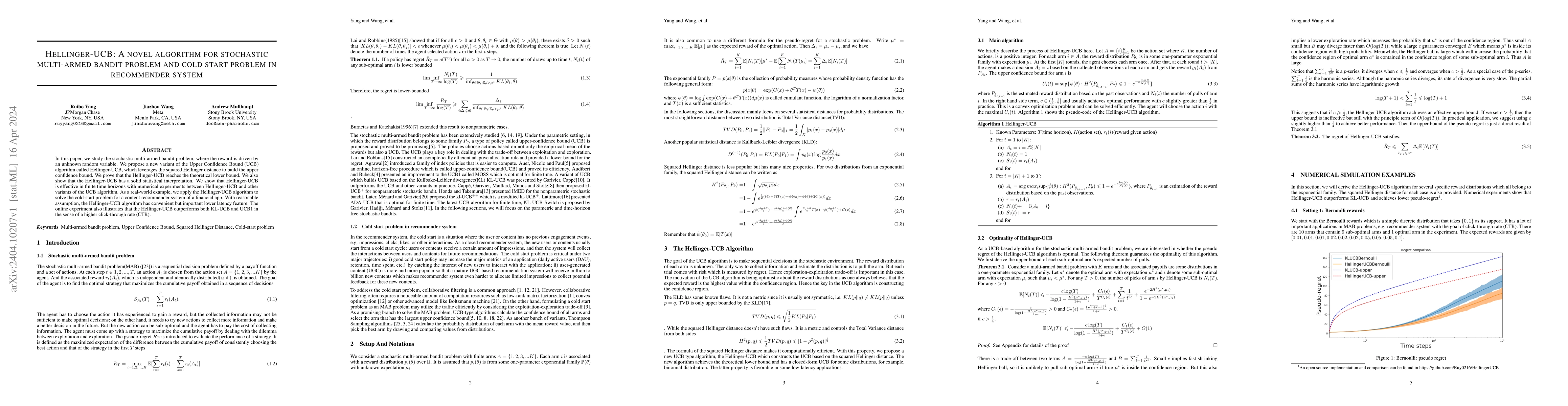Thumbnail for HELLINGER-UCB: A novel algorithm for stochastic multi-armed bandit
  problem and cold start problem in recommender system