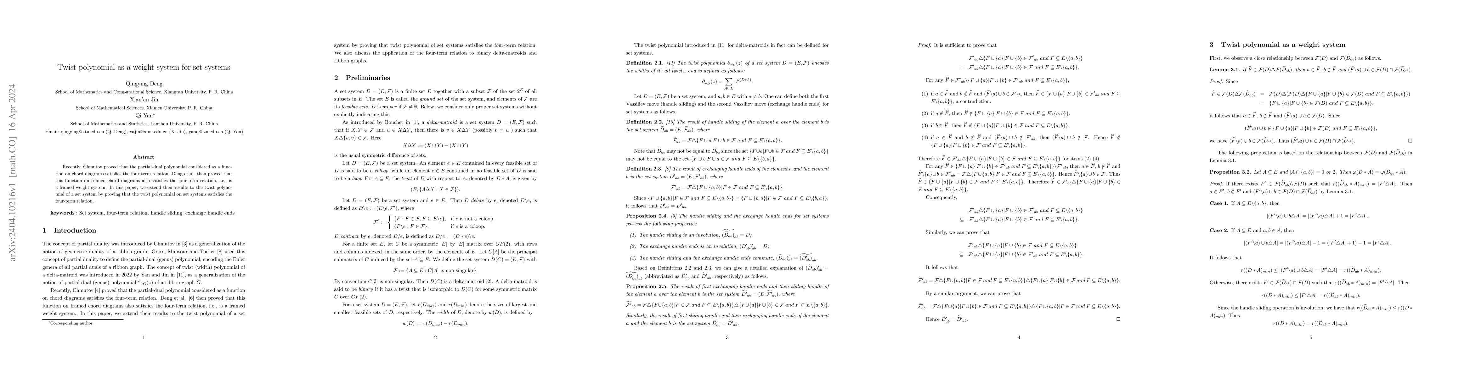 Thumbnail for Twist polynomial as a weight system for set systems