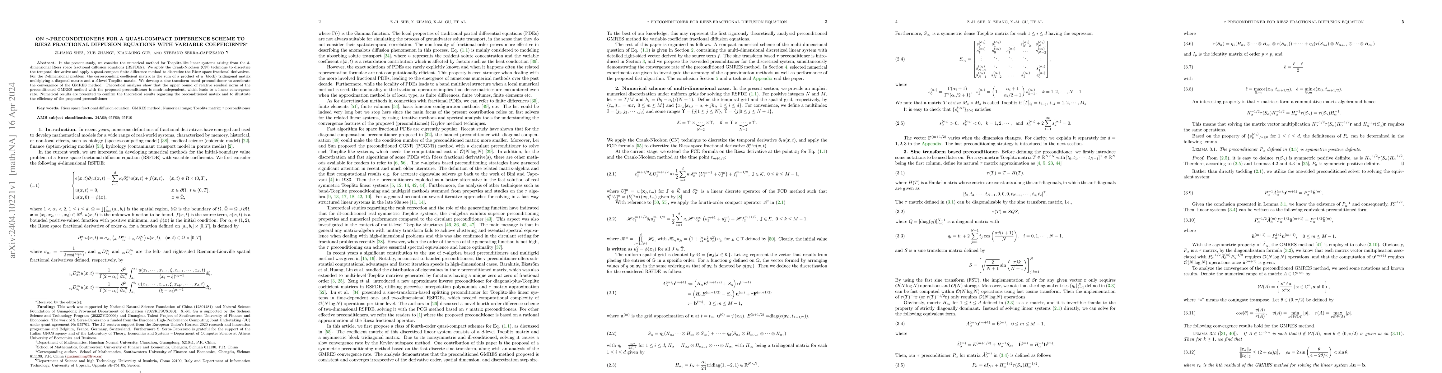 Thumbnail for On $\tau$-preconditioners for a quasi-compact difference scheme to Riesz
  fractional diffusion equations with variable coefficients
