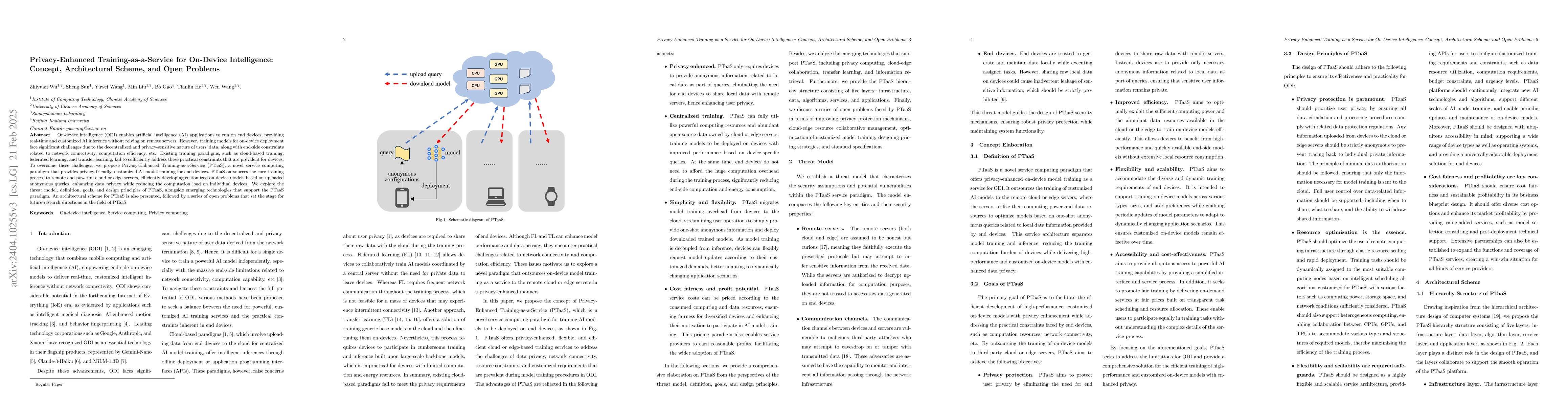Thumbnail for Privacy-Enhanced Training-as-a-Service for On-Device Intelligence:
  Concept, Architectural Scheme, and Open Problems