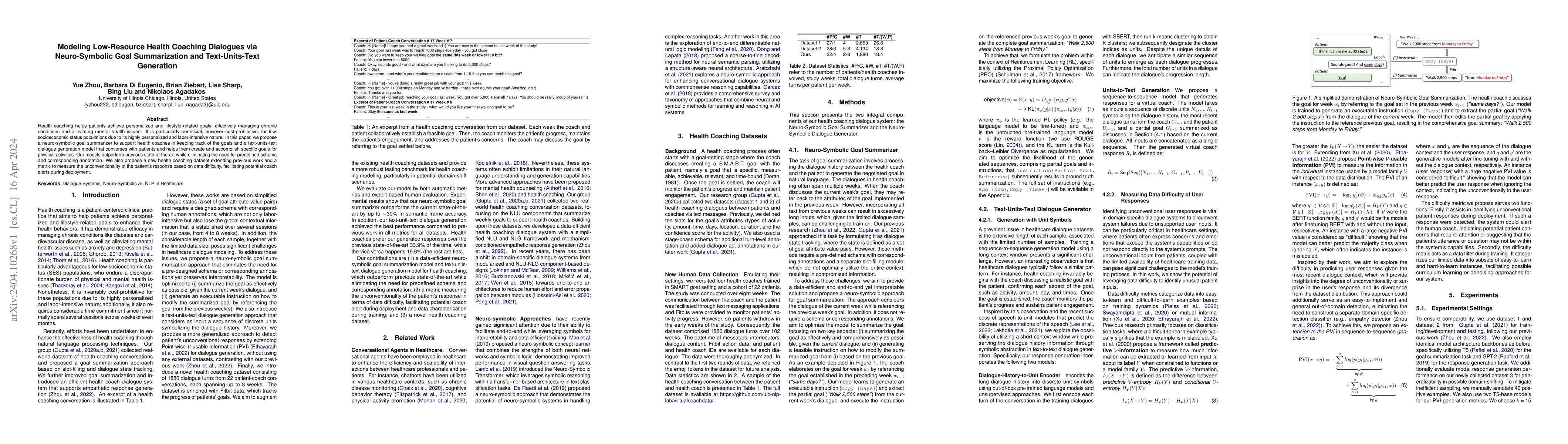 Thumbnail for Modeling Low-Resource Health Coaching Dialogues via Neuro-Symbolic Goal
  Summarization and Text-Units-Text Generation