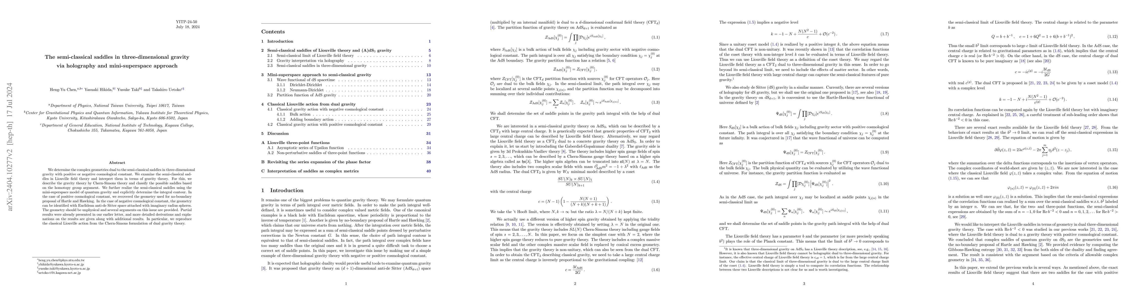 Thumbnail for The semi-classical saddles in three-dimensional gravity via holography
  and mini-superspace approach