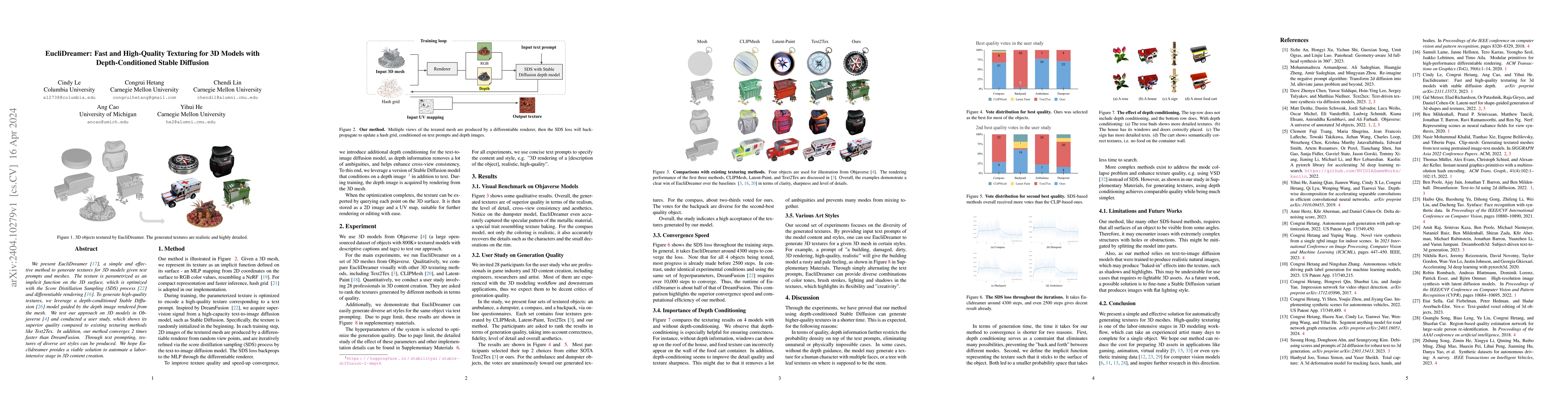 Thumbnail for EucliDreamer: Fast and High-Quality Texturing for 3D Models with
  Depth-Conditioned Stable Diffusion