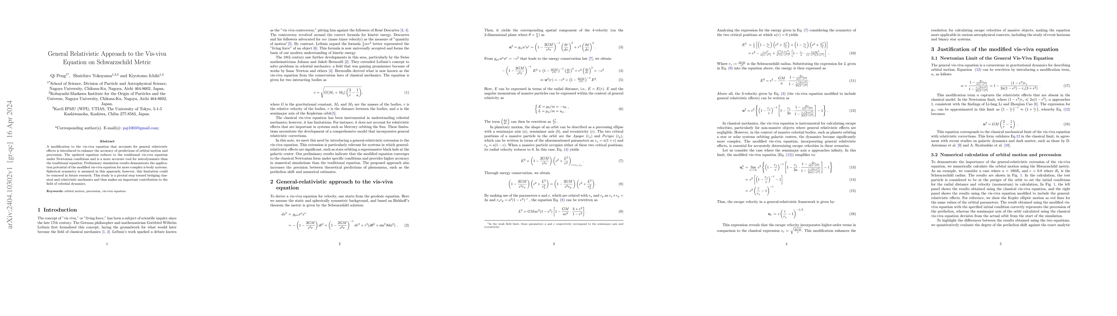 Thumbnail for General Relativistic Approach to the Vis-viva Equation on Schwarzschild
  Metric