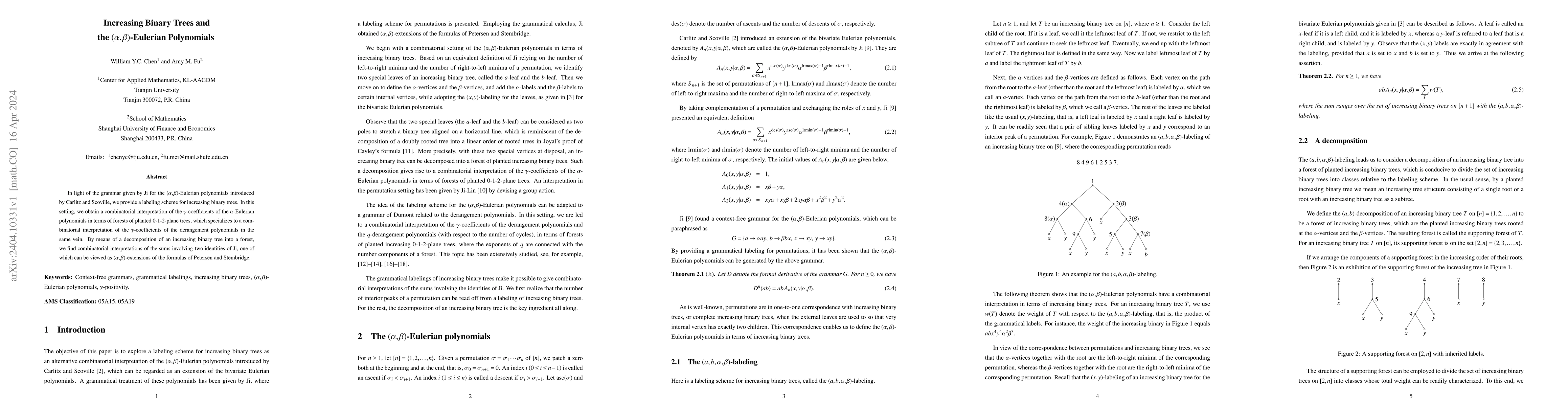 Thumbnail for Increasing Binary Trees and the $(\alpha,\beta)$-Eulerian Polynomials