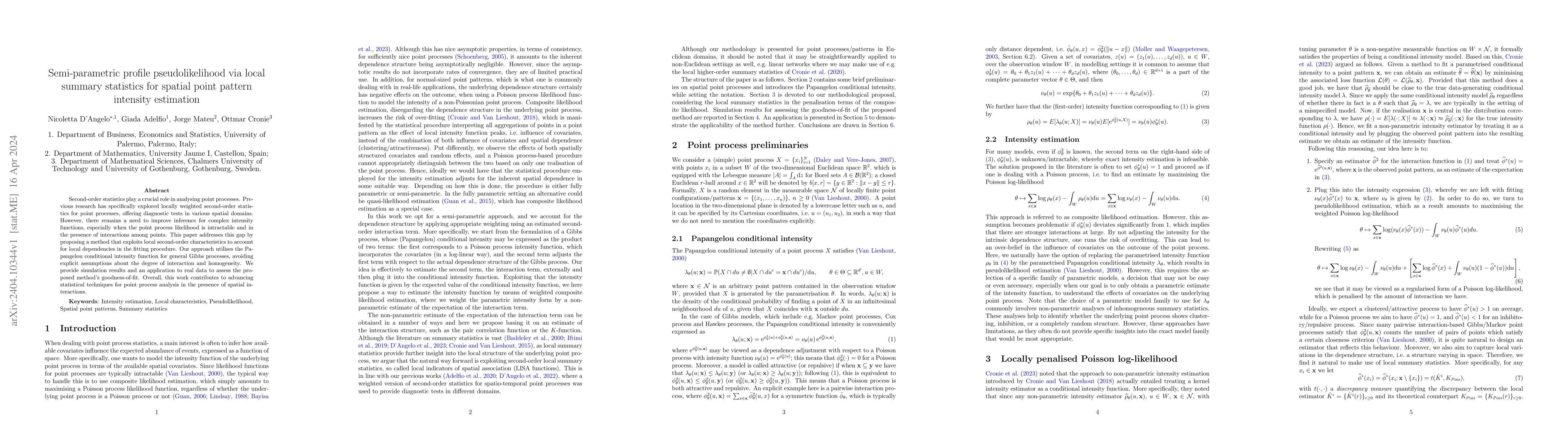 Thumbnail for Semi-parametric profile pseudolikelihood via local summary statistics
  for spatial point pattern intensity estimation