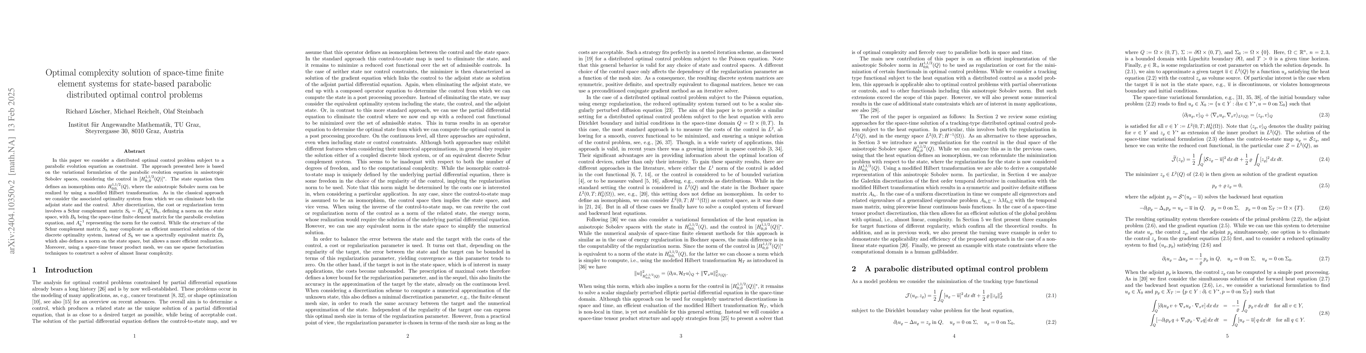 Thumbnail for Optimal complexity solution of space-time finite element systems for
  state-based parabolic distributed optimal control problems