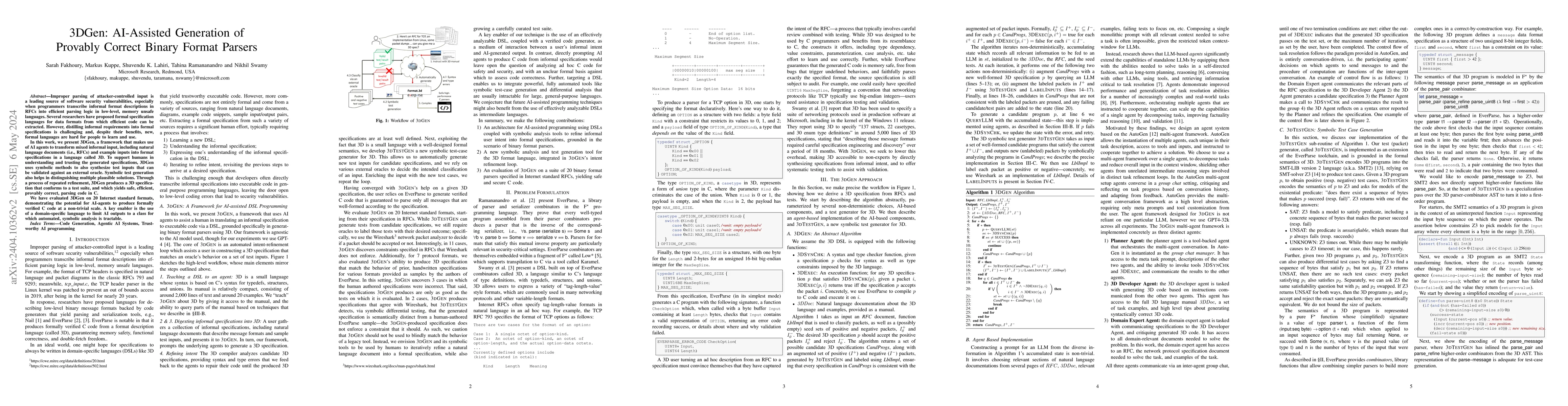 Thumbnail for 3DGen: AI-Assisted Generation of Provably Correct Binary Format Parsers