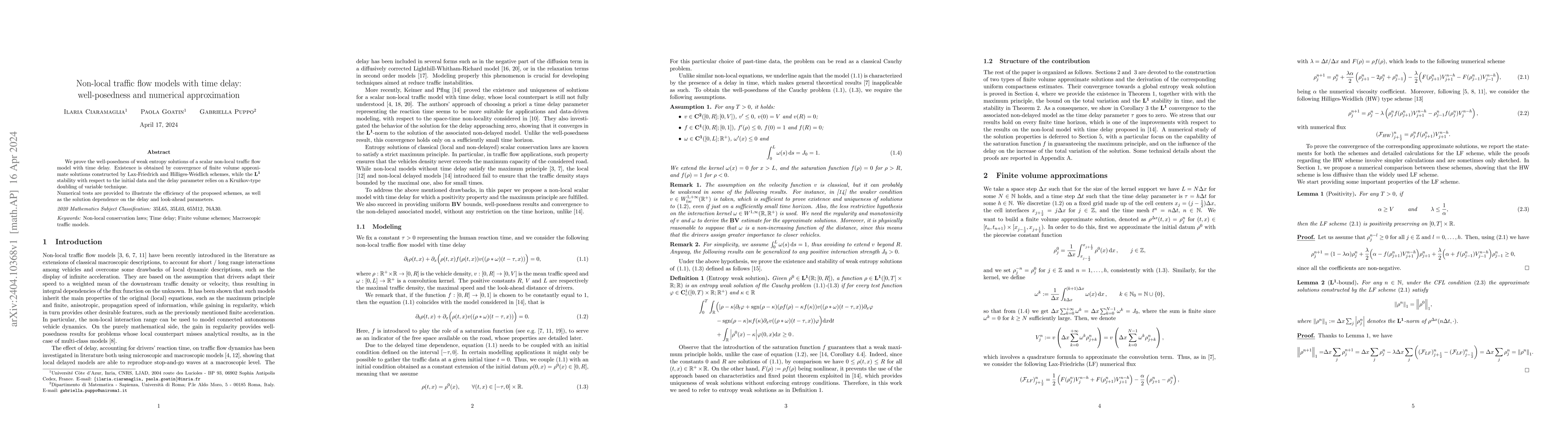 Thumbnail for Non-local traffic flow models with time delay: well-posedness and
  numerical approximation