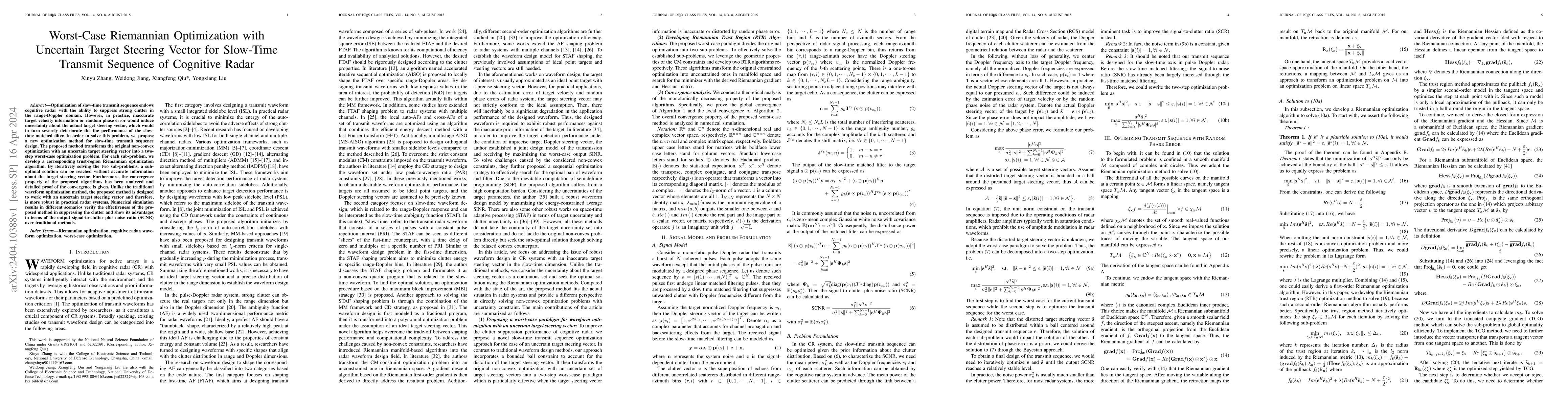 Thumbnail for Worst-Case Riemannian Optimization with Uncertain Target Steering Vector
  for Slow-Time Transmit Sequence of Cognitive Radar