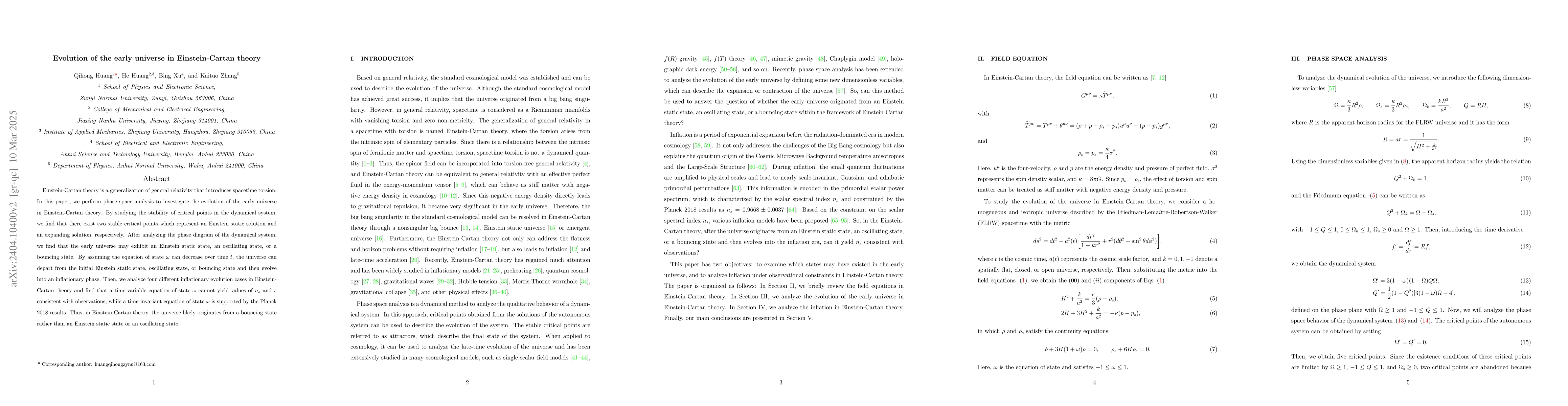 Thumbnail for Phase space analysis of the evolution of the early universe in
  Einstein-Cartan theory