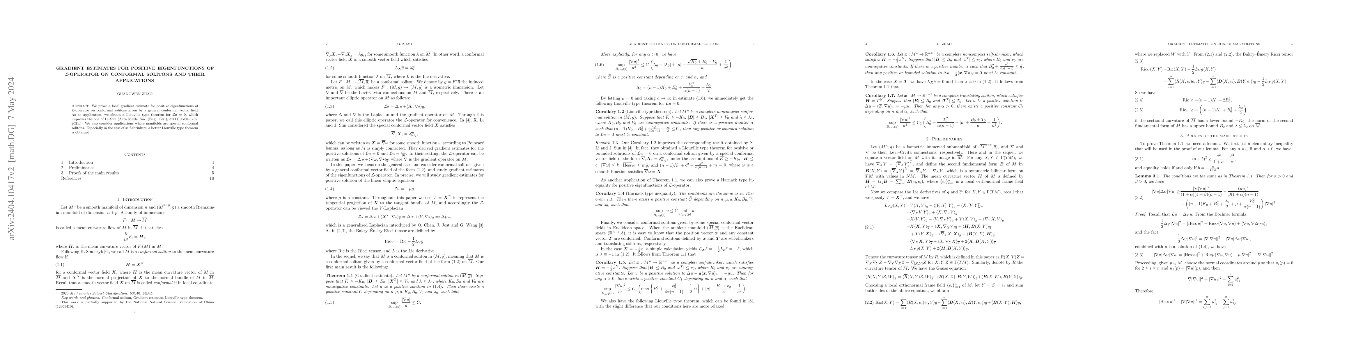 Thumbnail for Gradient estimates for positive eigenfunctions of $ \mathcal{L}
  $-operator on conformal solitons and its applications