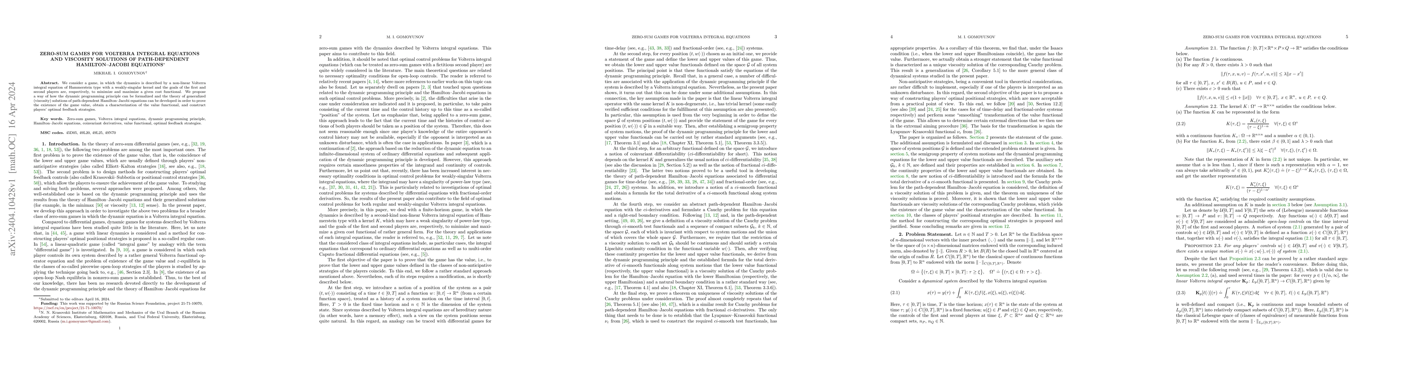 Thumbnail for Zero-Sum Games for Volterra Integral Equations and Viscosity Solutions
  of Path-Dependent Hamilton-Jacobi Equations