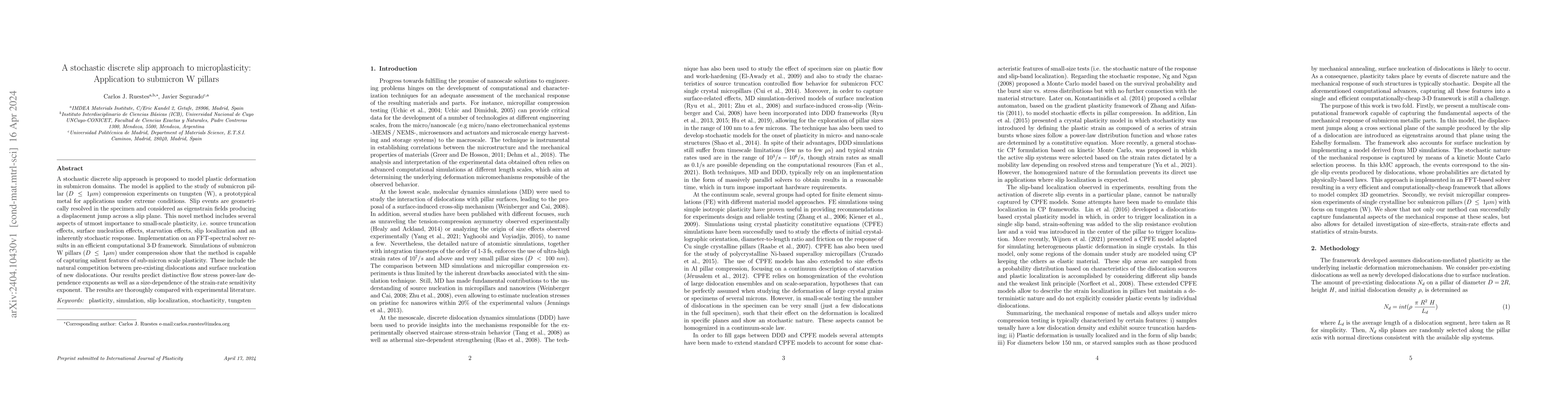 Thumbnail for A stochastic discrete slip approach to microplasticity: Application to
  submicron W pillars