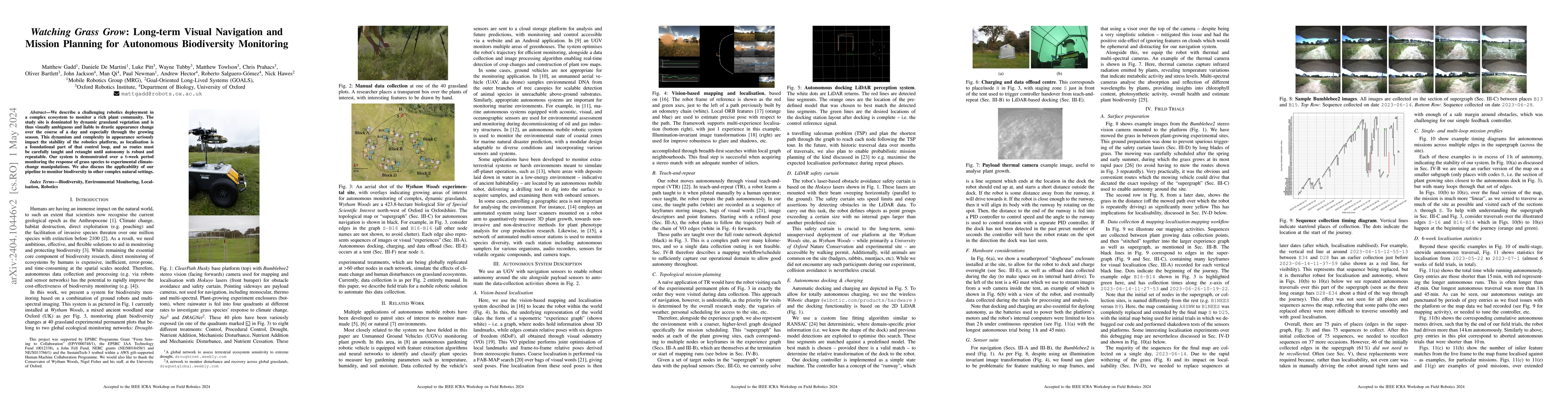 Thumbnail for Watching Grass Grow: Long-term Visual Navigation and Mission Planning
  for Autonomous Biodiversity Monitoring