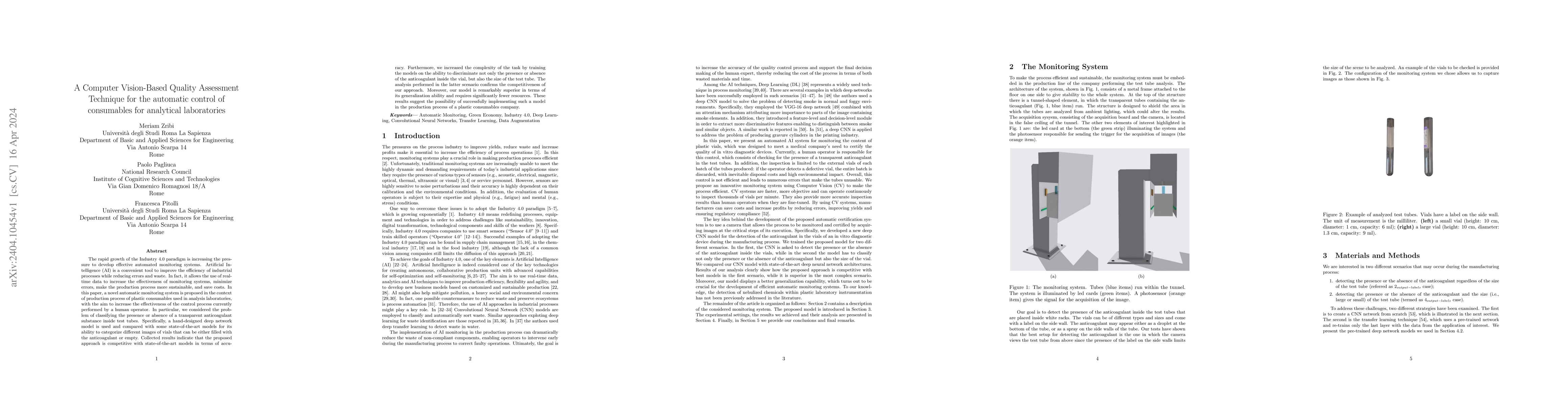 Thumbnail for A Computer Vision-Based Quality Assessment Technique for the automatic
  control of consumables for analytical laboratories
