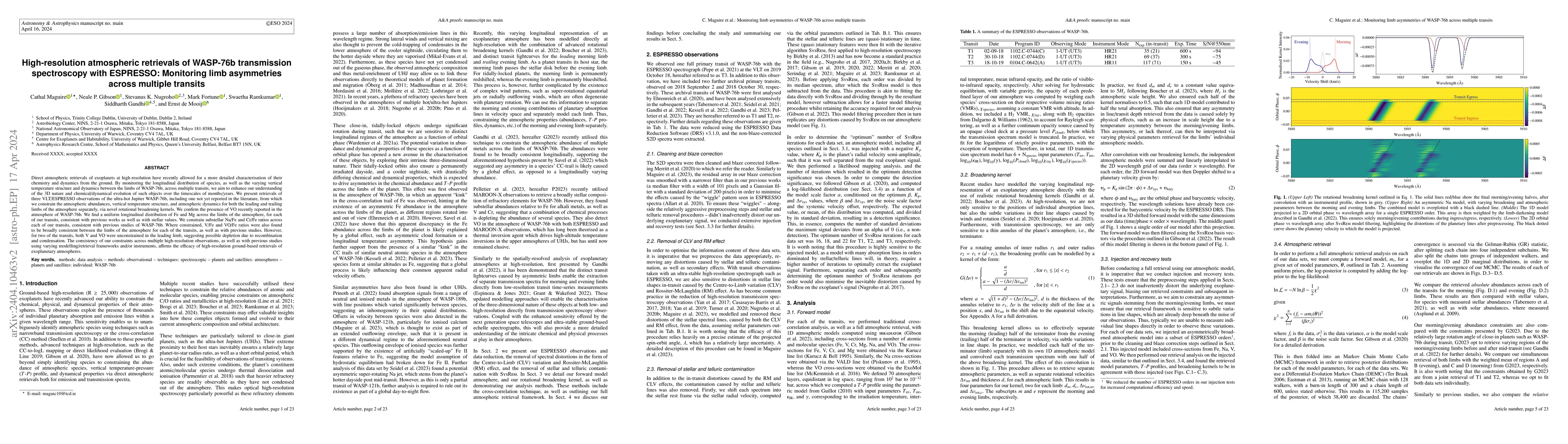 Thumbnail for High-resolution atmospheric retrievals of WASP-76b transmission
  spectroscopy with ESPRESSO: Monitoring limb asymmetries across multiple
  transits