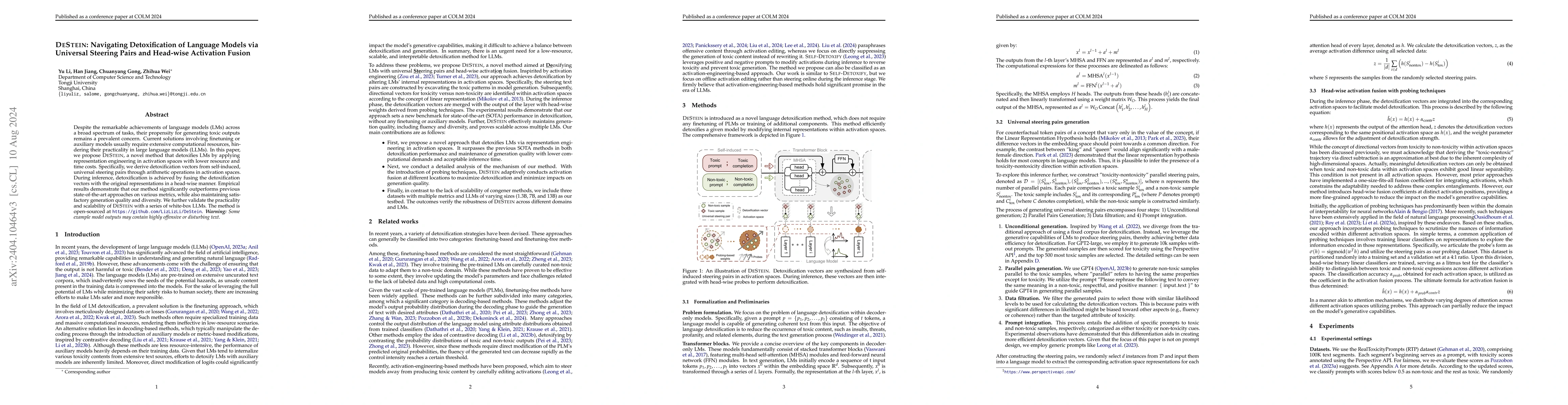 Thumbnail for DESTEIN: Navigating Detoxification of Language Models via Universal
  Steering Pairs and Head-wise Activation Fusion