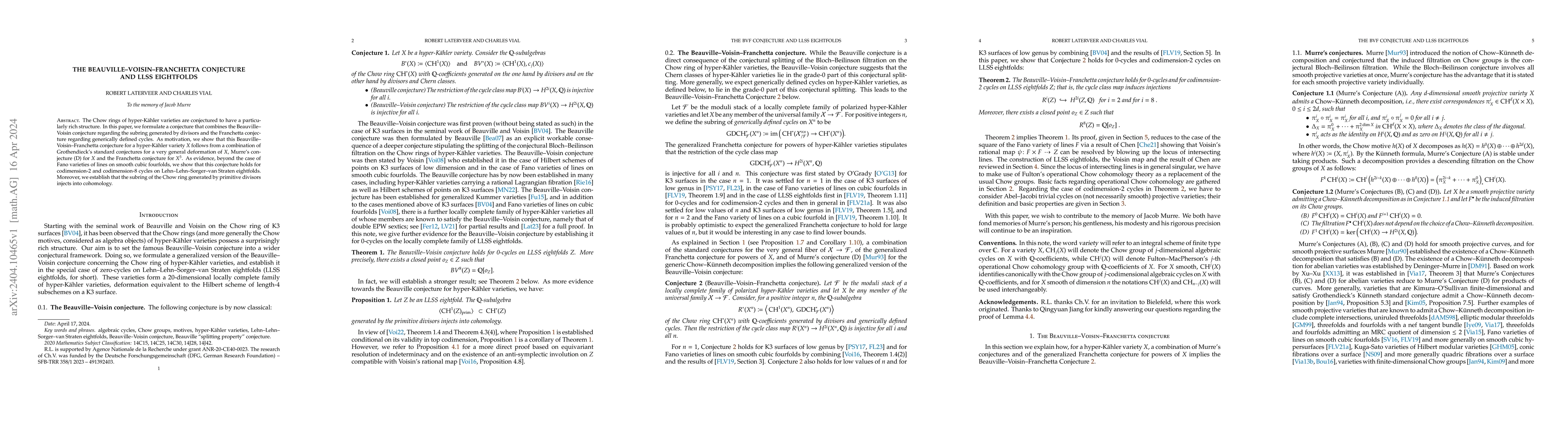 Thumbnail for The Beauville-Voisin-Franchetta conjecture and LLSS eightfolds