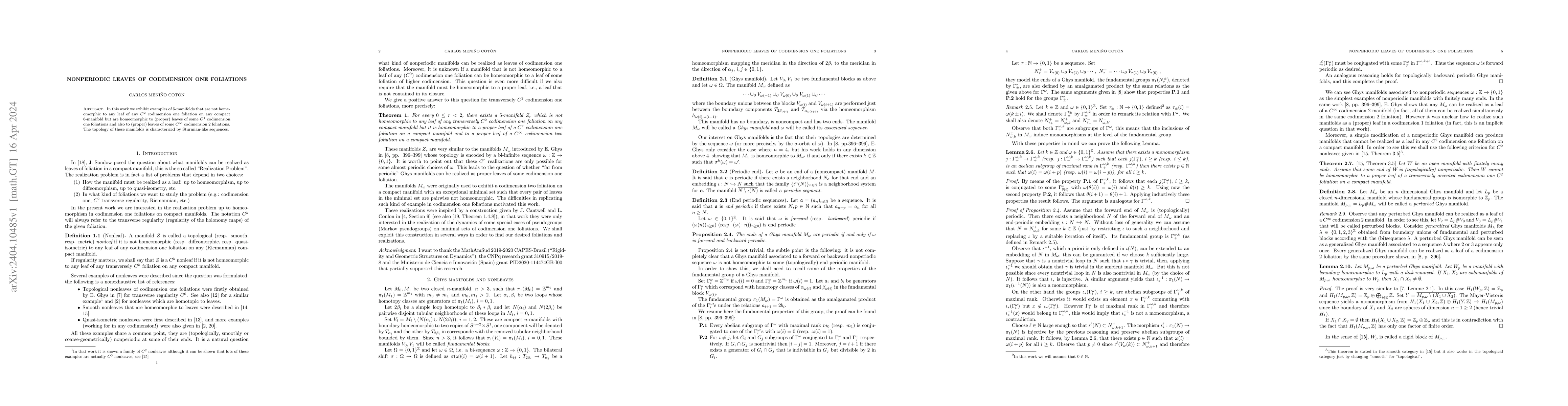 Thumbnail for Nonperiodic leaves of codimension one foliations