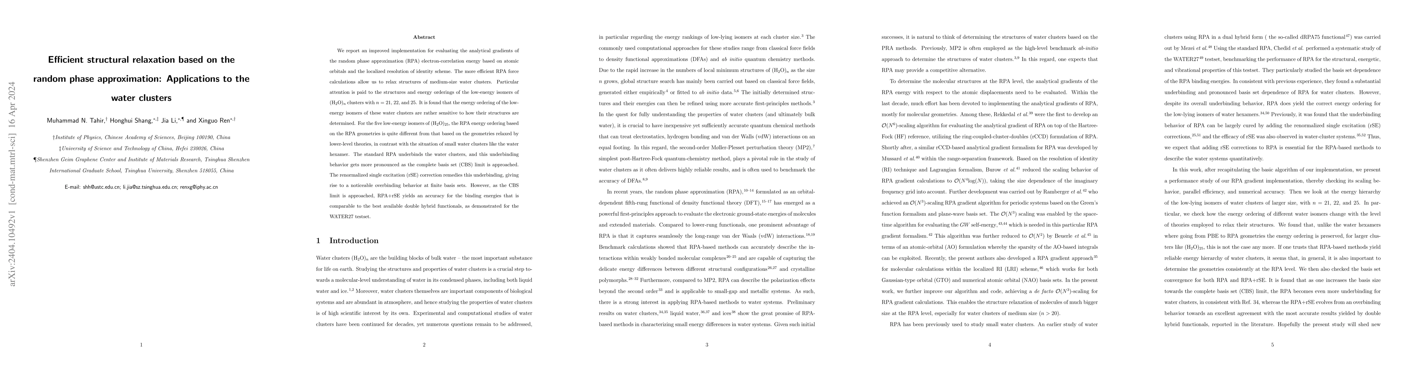 Thumbnail for Efficient structural relaxation based on the random phase approximation:
  Applications to the water clusters