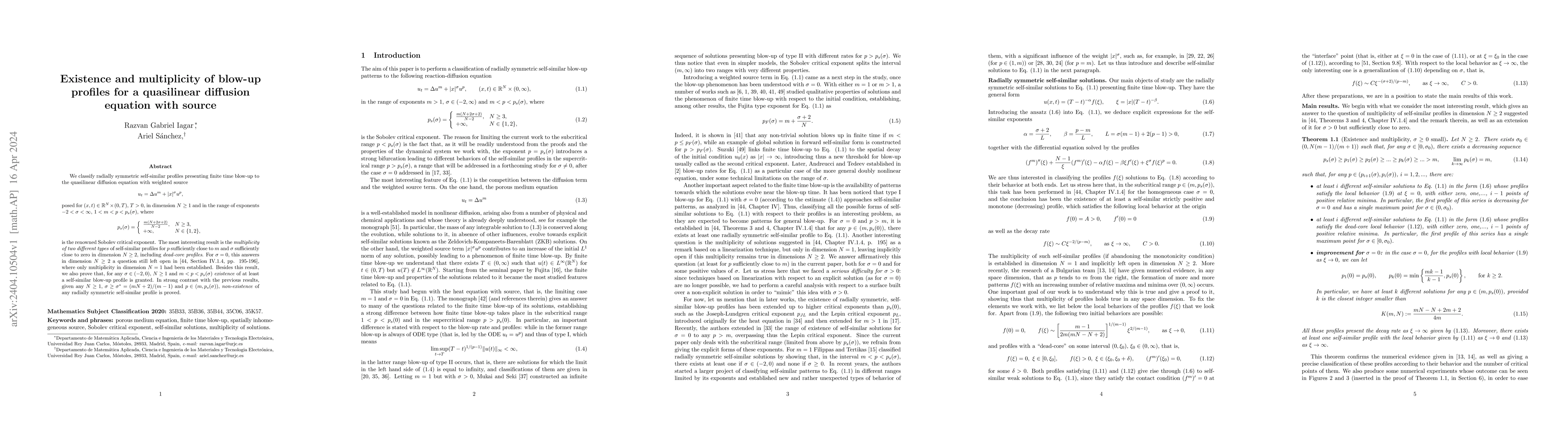 Thumbnail for Existence and multiplicity of blow-up profiles for a quasilinear
  diffusion equation with source