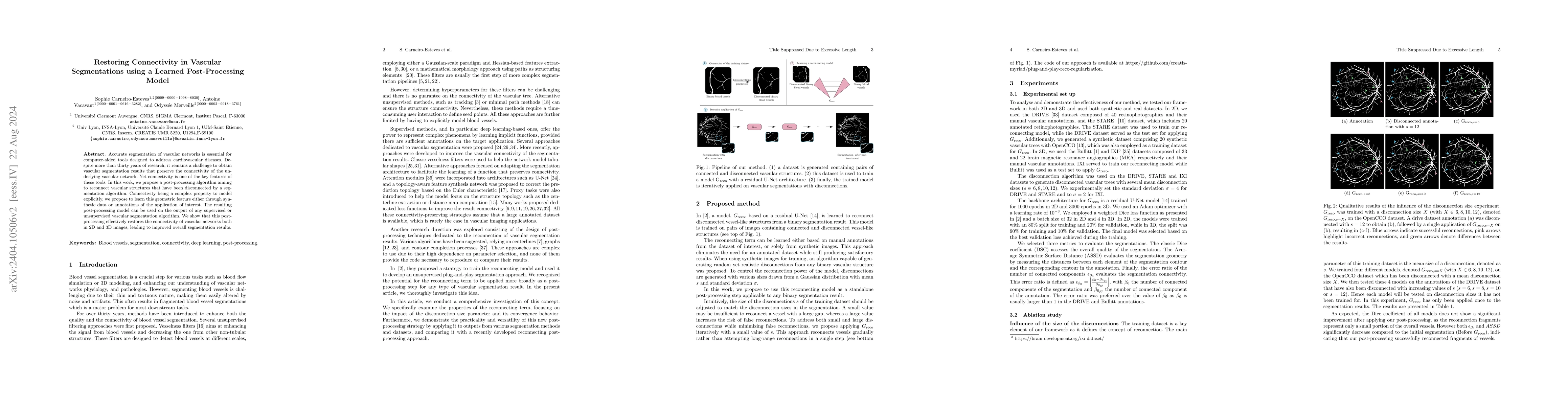 Thumbnail for Restoring Connectivity in Vascular Segmentation using a Learned
  Post-Processing Model
