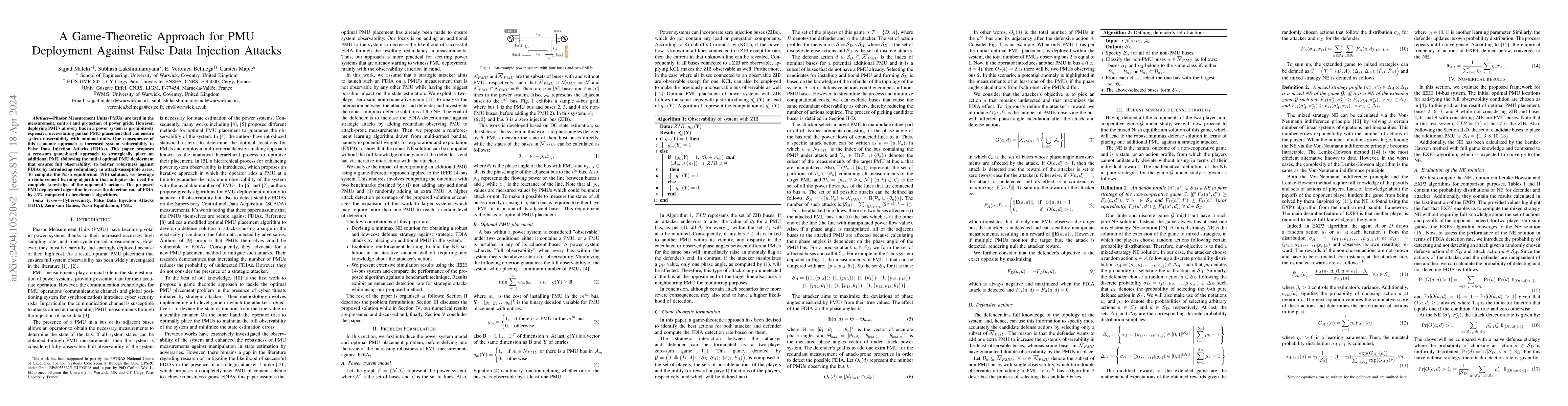 Thumbnail for A Game-Theoretic Approach for PMU Deployment Against False Data
  Injection Attacks