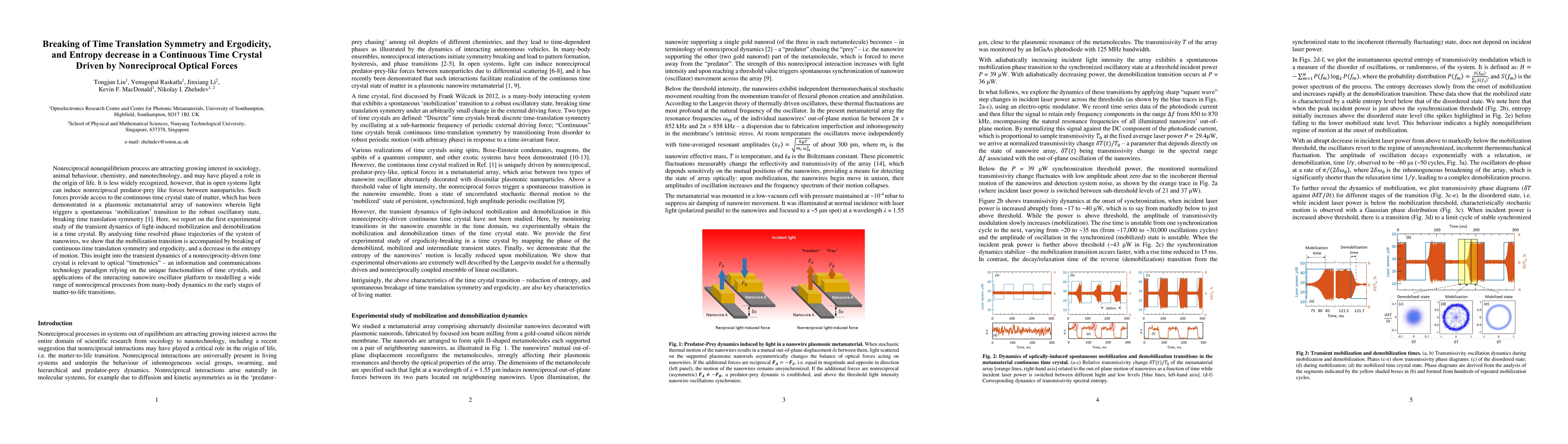Thumbnail for Breaking of Time Translation Symmetry and Ergodicity, and Entropy
  decrease in a Continuous Time Crystal Driven by Nonreciprocal Optical Forces