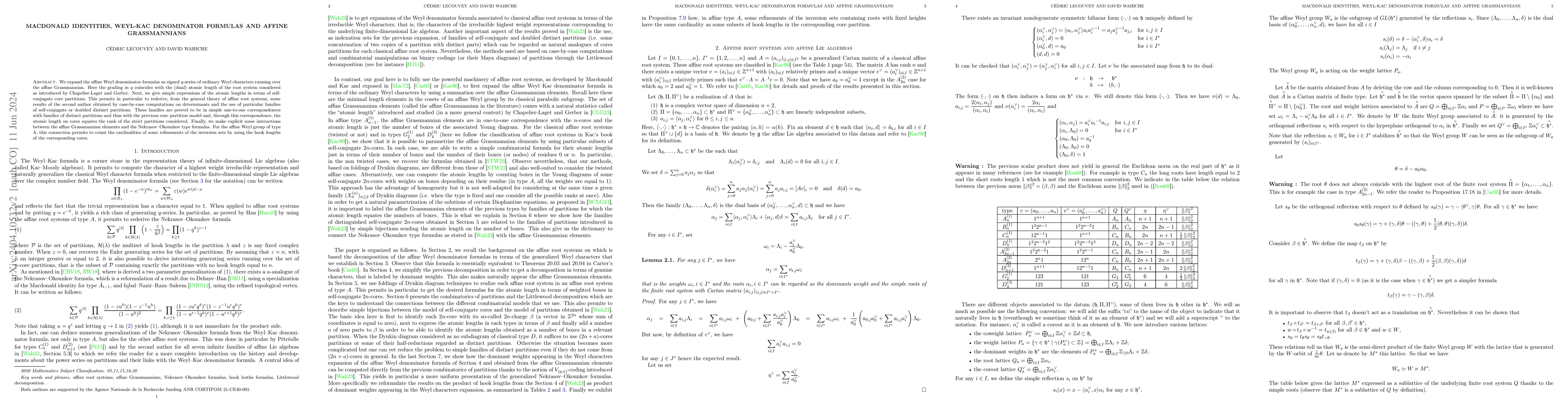 Thumbnail for Macdonald identities, Weyl-Kac denominator formulas and affine
  Grassmannians