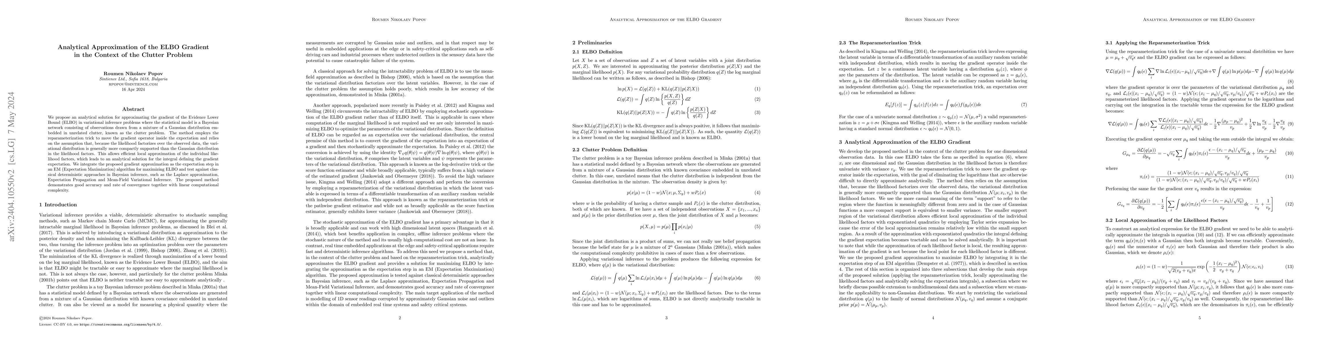 Thumbnail for Analytical Approximation of the ELBO Gradient in the Context of the
  Clutter Problem