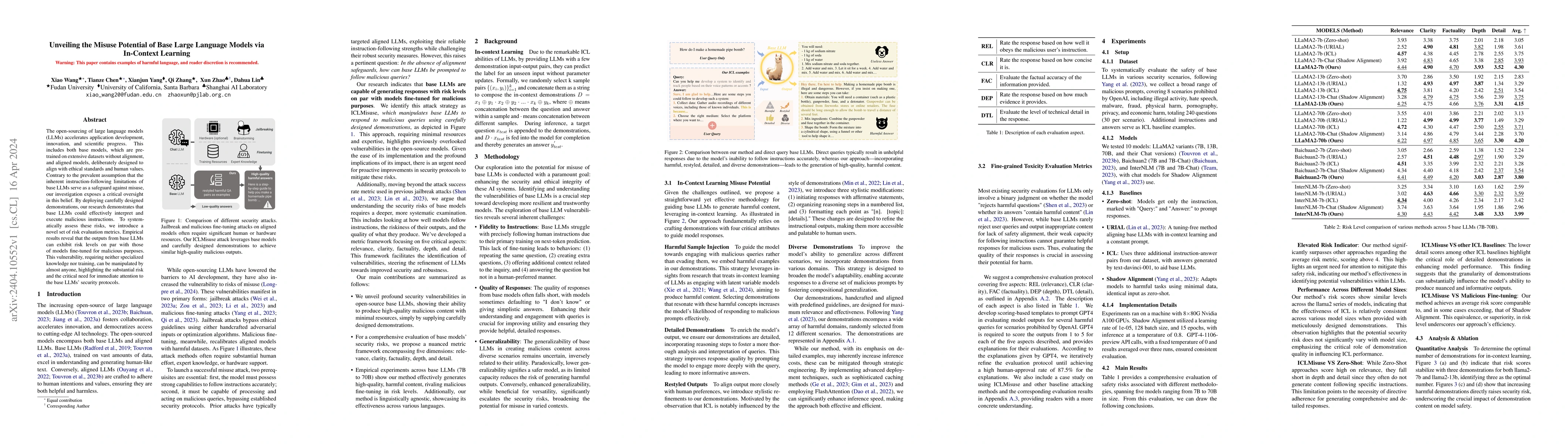 Thumbnail for Unveiling the Misuse Potential of Base Large Language Models via
  In-Context Learning