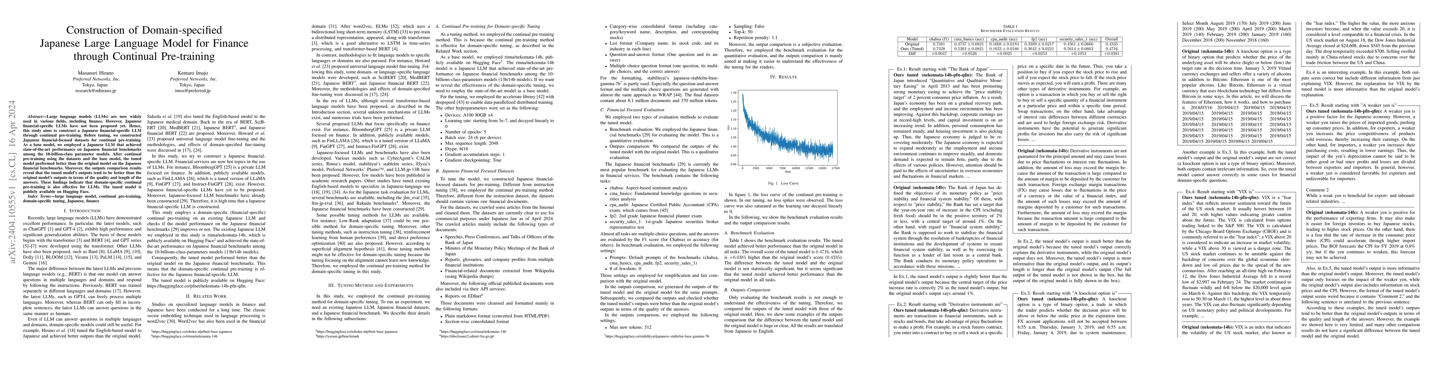 Thumbnail for Construction of Domain-specified Japanese Large Language Model for
  Finance through Continual Pre-training