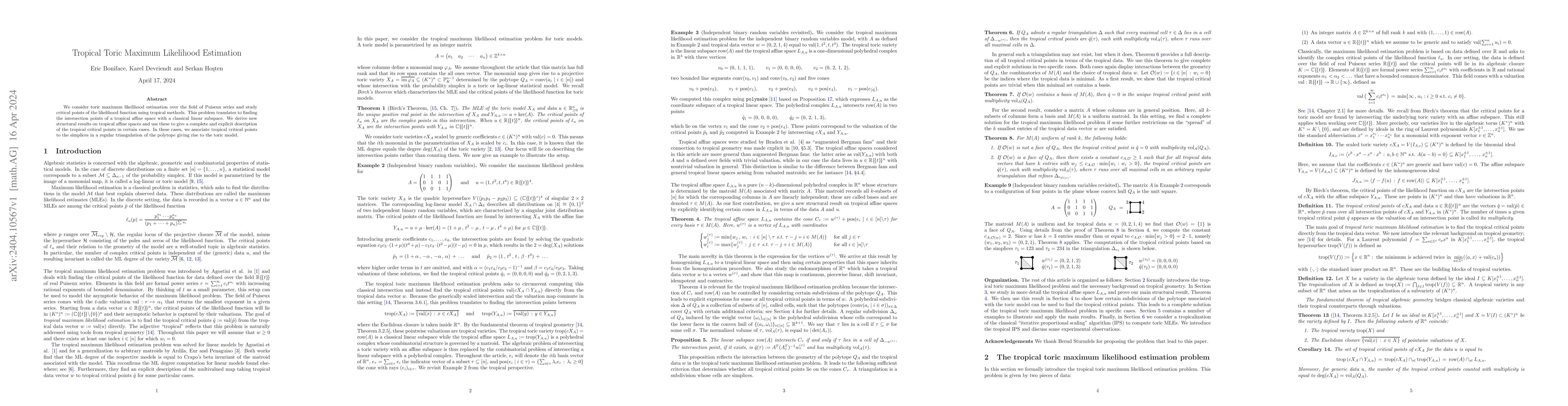 Thumbnail for Tropical toric maximum likelihood estimation