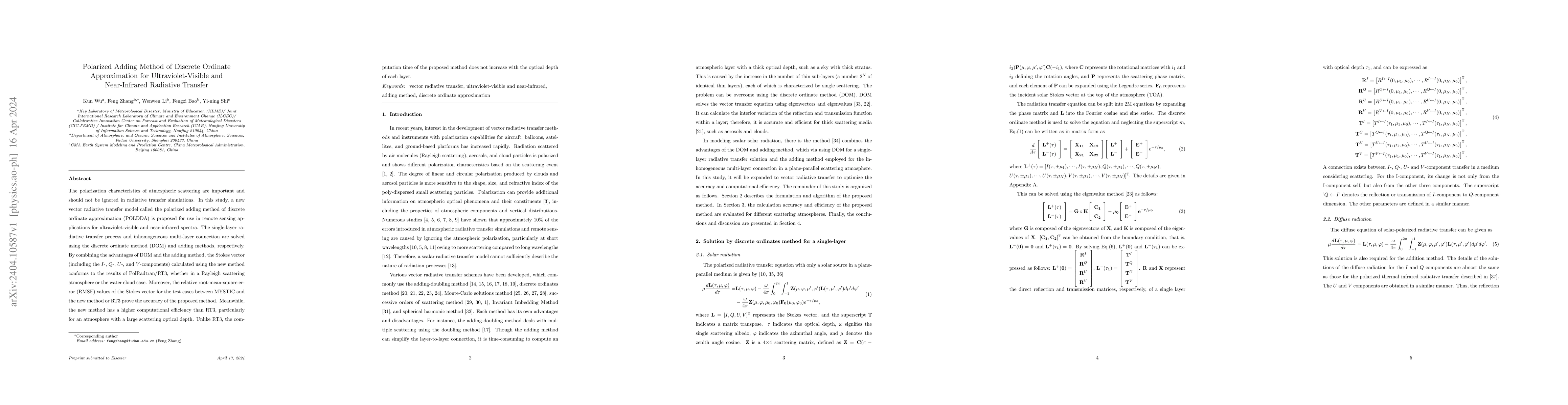 Thumbnail for Polarized Adding Method of Discrete Ordinate Approximation for
  Ultraviolet-Visible and Near-Infrared Radiative Transfer