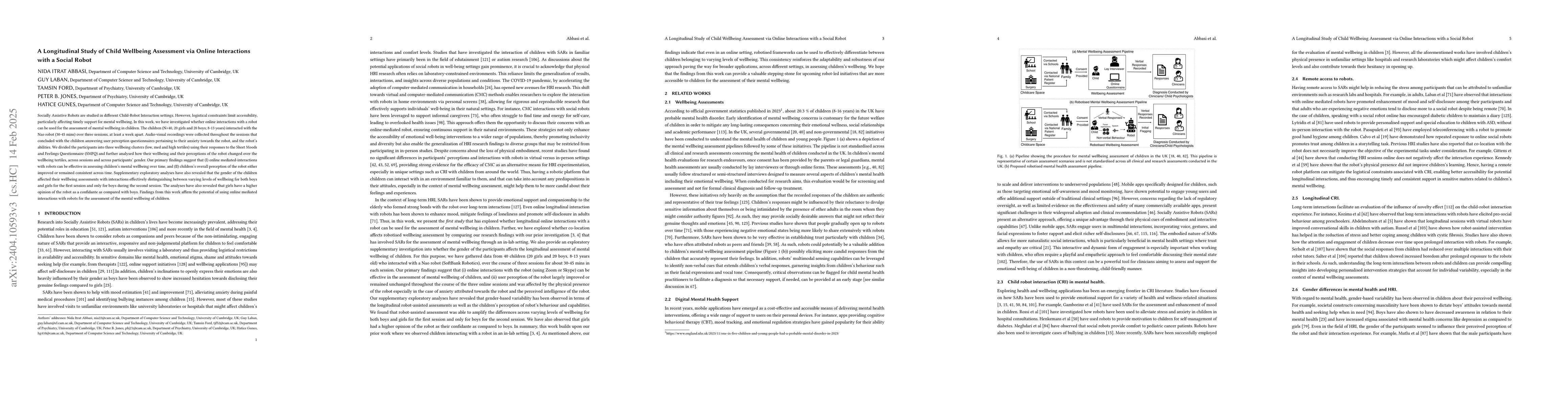 Thumbnail for A Longitudinal Study of Child Wellbeing Assessment via Online
  Interactions with a Social Robots