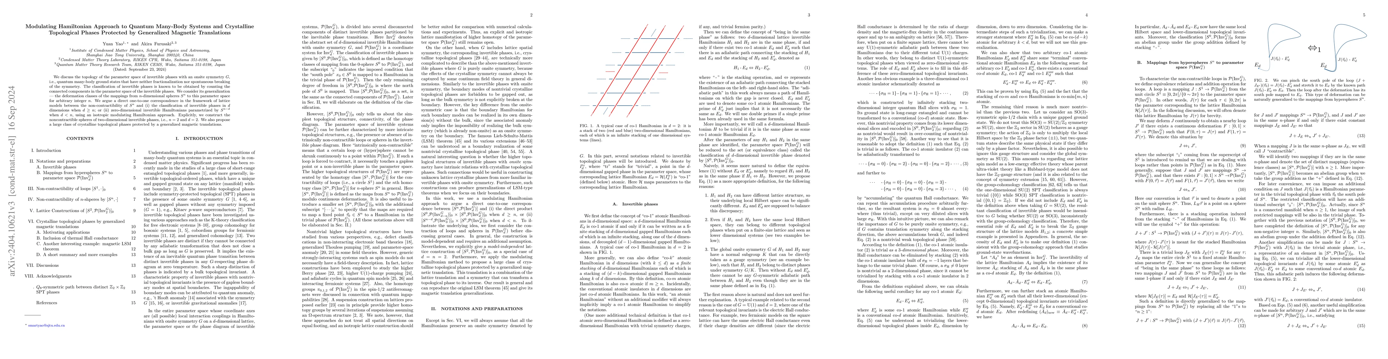 Thumbnail for Modulating Hamiltonian Approach to Quantum Many-Body Systems and
  Crystalline Topological Phases Protected by Generalized Magnetic Translations