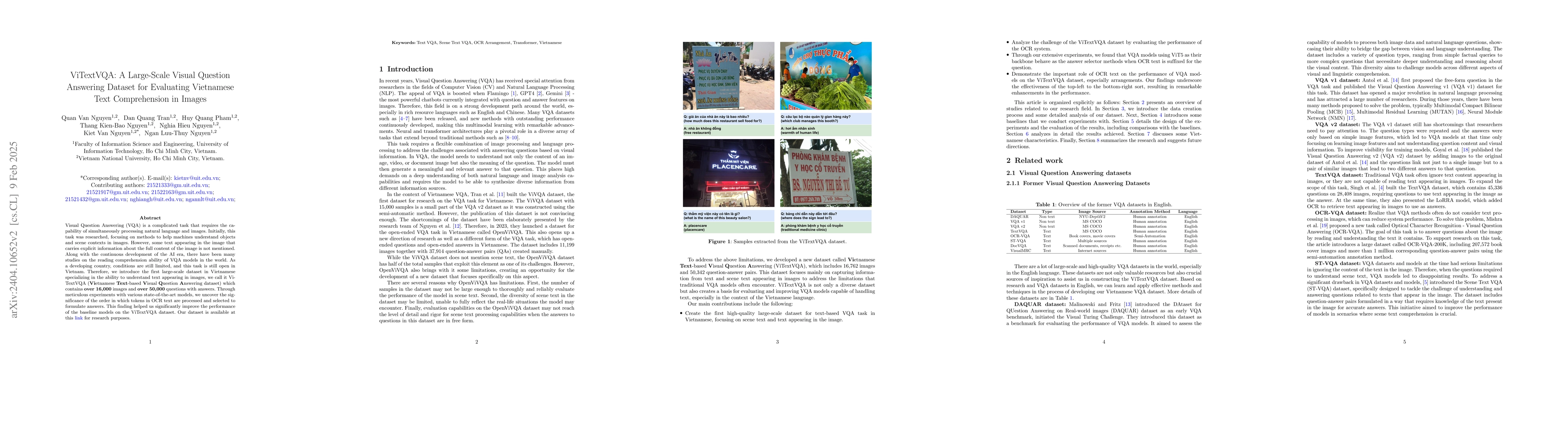 Thumbnail for ViTextVQA: A Large-Scale Visual Question Answering Dataset for
  Evaluating Vietnamese Text Comprehension in Images