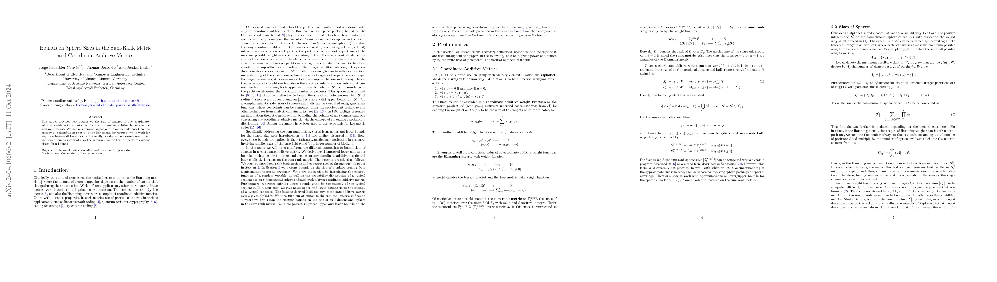 Thumbnail for Bounds on Sphere Sizes in the Sum-Rank Metric and Coordinate-Additive
  Metrics